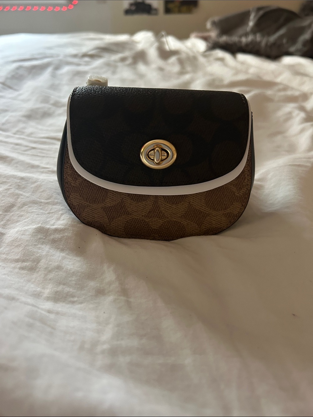 Coach Brown and White Mini Crossbody with Gold Turn-Lock